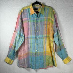 MINE Shirt Men's XL Multicolor Rainbow Plaid 100% Linen Classic Fit Button-Up